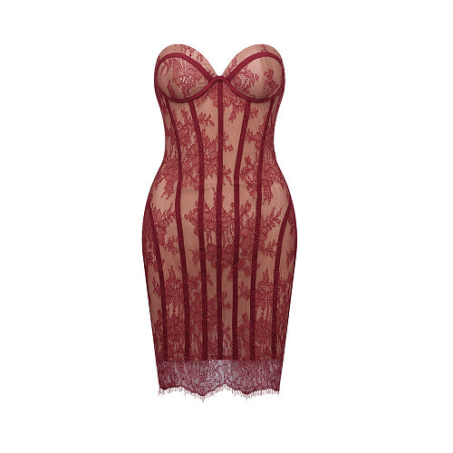 Strapless Lace Corset Dress Burgundy HV2684
