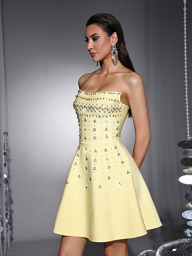Strapless Crystal A Line Dress Yellow HV3035