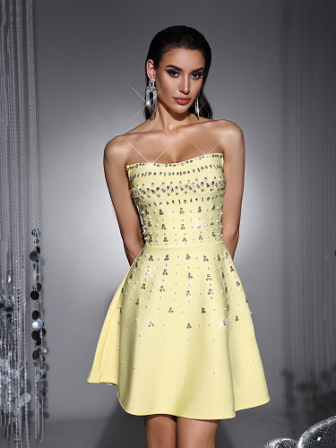Strapless Crystal A Line Dress Yellow HV3035