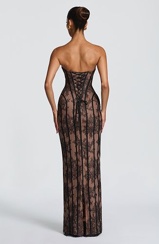 Strapless Lace Corset Maxi Dress Burgundy HV0079