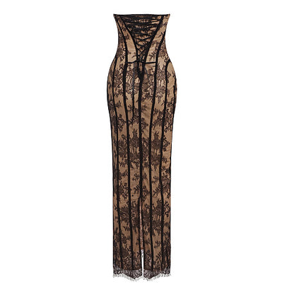 Strapless Lace Corset Maxi Dress Burgundy HV0079