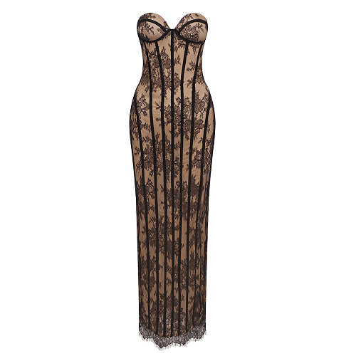 Strapless Lace Corset Maxi Dress Burgundy HV0079