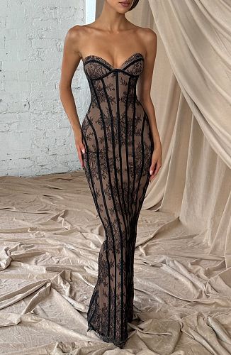 Strapless Lace Corset Maxi Dress Burgundy HV0079