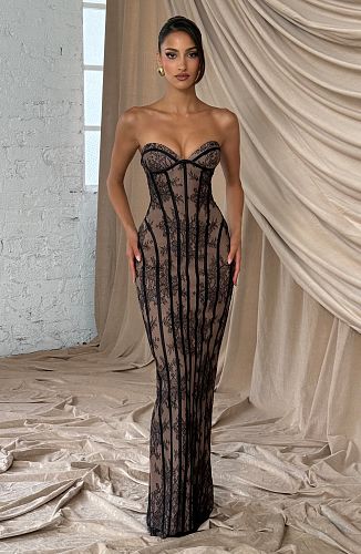 Strapless Lace Corset Maxi Dress Burgundy HV0079