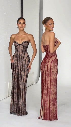 Strapless Lace Corset Maxi Dress Burgundy HV0079