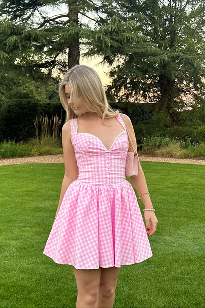 Lace Bustier A Line Dress Hot Pink White