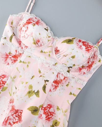 Bustier Lace Floral Maxi Dress Pink
