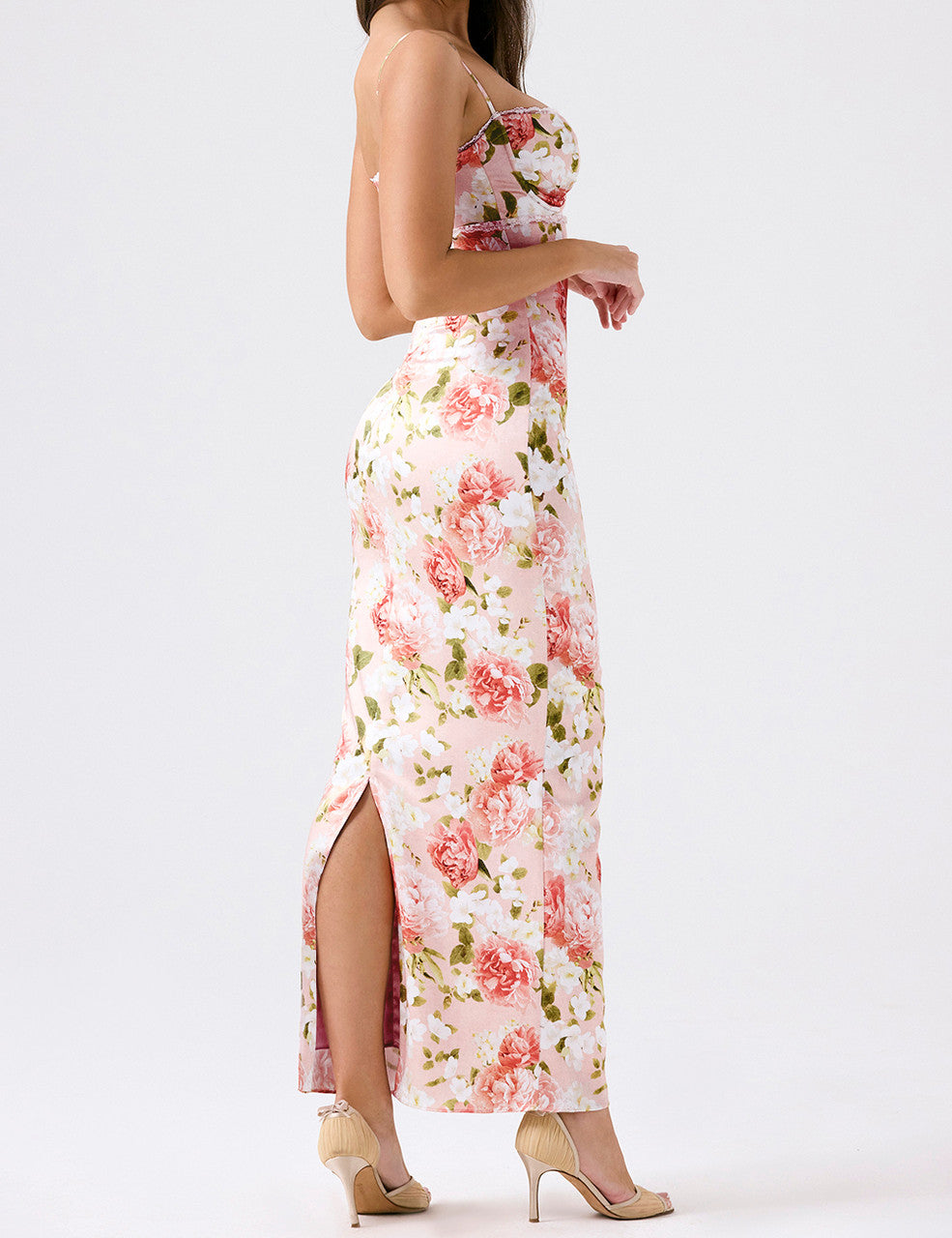 Bustier Lace Floral Maxi Dress Pink