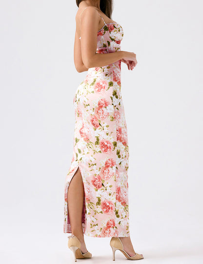 Bustier Lace Floral Maxi Dress Pink