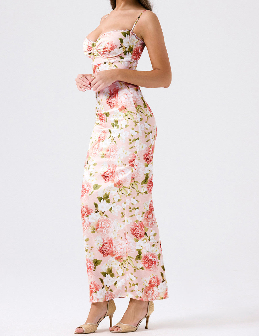 Bustier Lace Floral Maxi Dress Pink