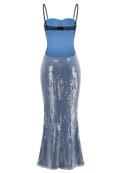 Lace Bustier Backless Sequin Maxi Dress Blue Black HV3009