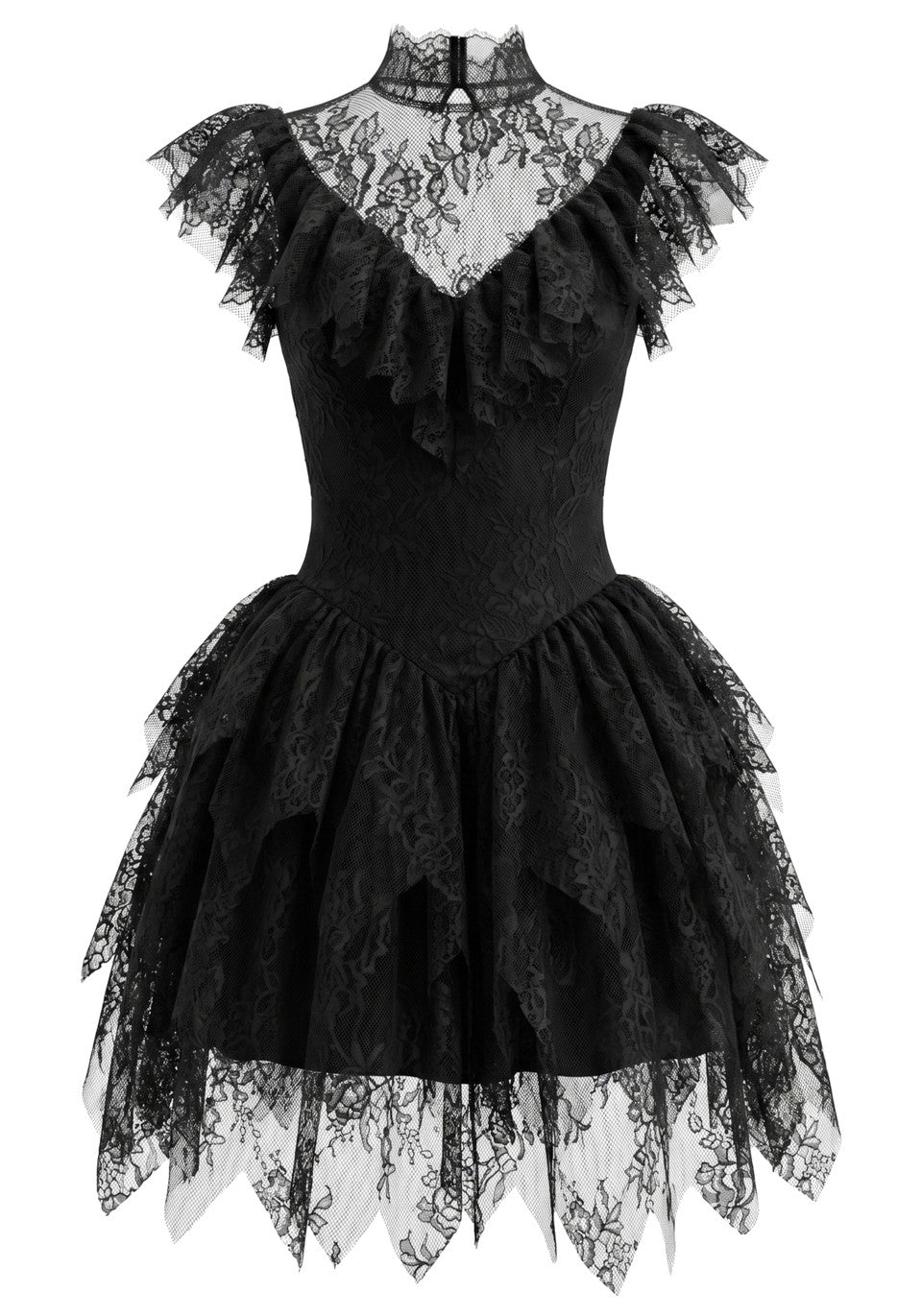 Lace Ruffle A Line Dress Black HV3001