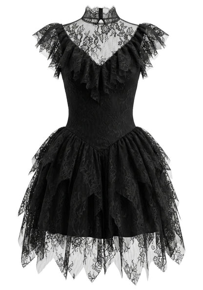 Lace Ruffle A Line Dress Black HV3001