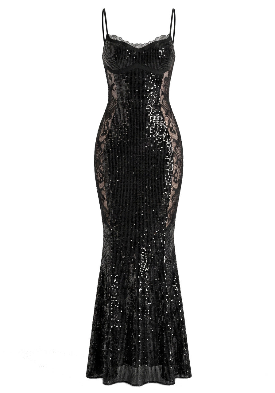 Lace Insert Sparkly Maxi Dress Black HV3106