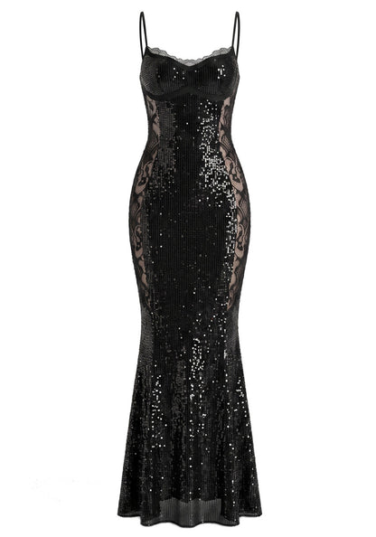 Lace Insert Sparkly Maxi Dress Black HV3106