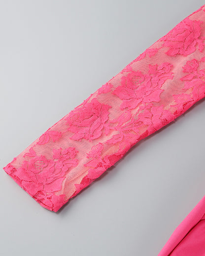 Lace Long Sleeve Draped Maxi Dress Hot Pink HV1768