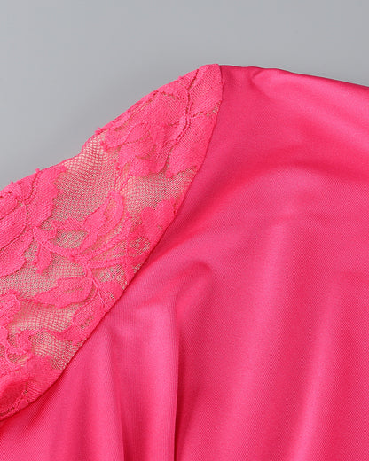 Lace Long Sleeve Draped Maxi Dress Hot Pink HV1768