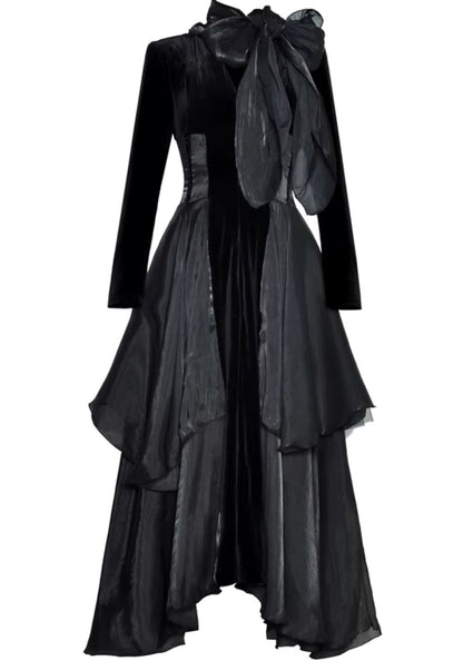 Long Sleeve A Line Maxi Velvet Dress Black