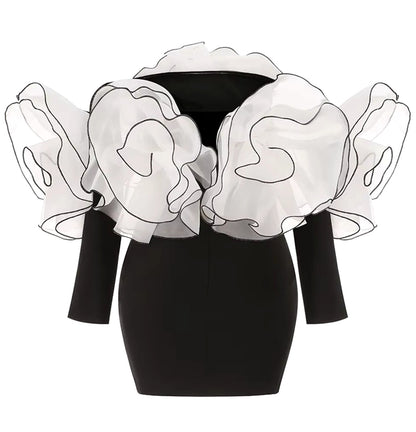 Long Sleeve Bardot Floral Detail Dress Black White