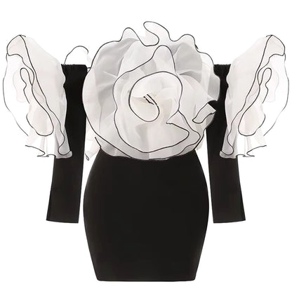 Long Sleeve Bardot Floral Detail Dress Black White