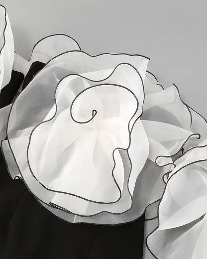 Long Sleeve Bardot Floral Detail Dress Black White