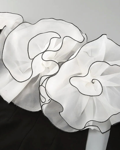 Long Sleeve Bardot Floral Detail Dress Black White
