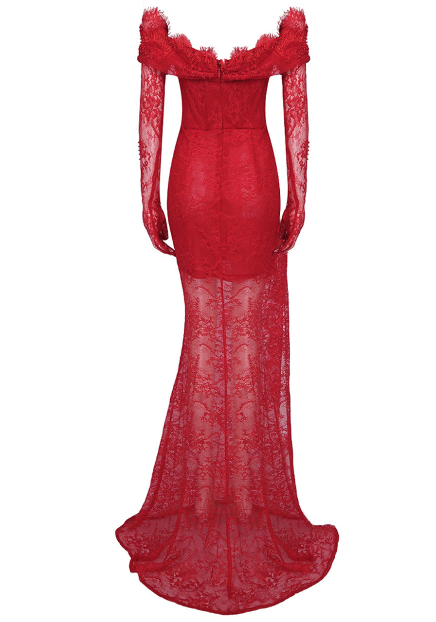 Long Sleeve Bardot Lace Corset Maxi Dress Red