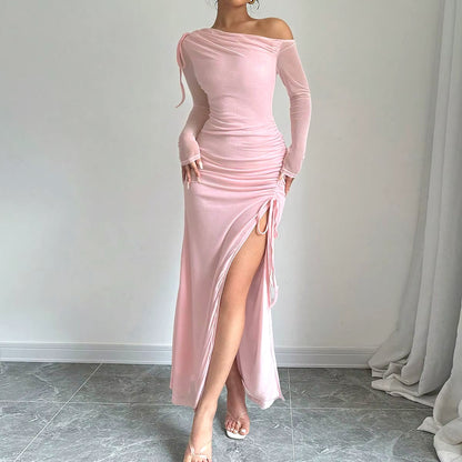 Long Sleeve Ruched Detail Maxi Dress Pink