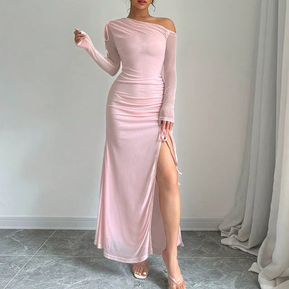 Long Sleeve Ruched Detail Maxi Dress Pink