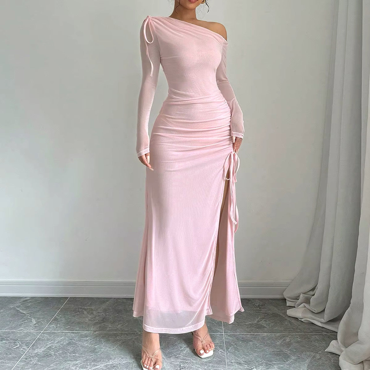 Long Sleeve Ruched Detail Maxi Dress Pink