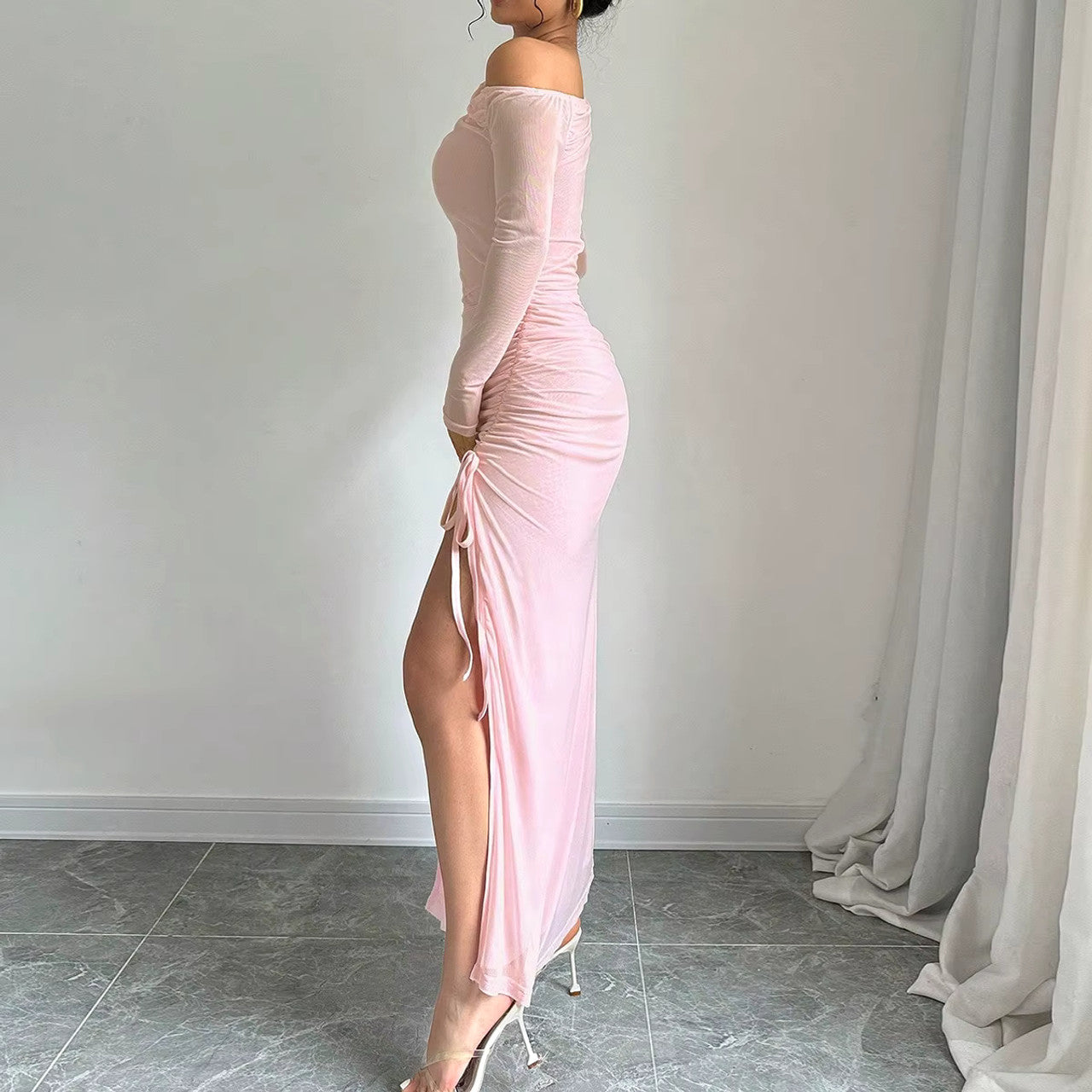 Long Sleeve Ruched Detail Maxi Dress Pink