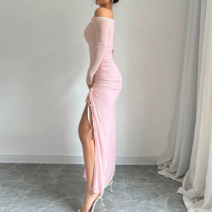 Long Sleeve Ruched Detail Maxi Dress Pink