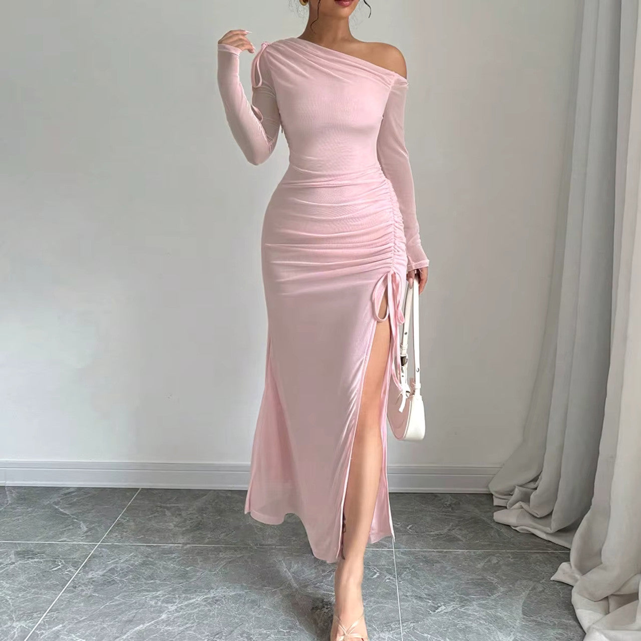 Long Sleeve Ruched Detail Maxi Dress Pink