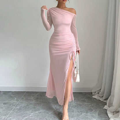 Long Sleeve Ruched Detail Maxi Dress Pink