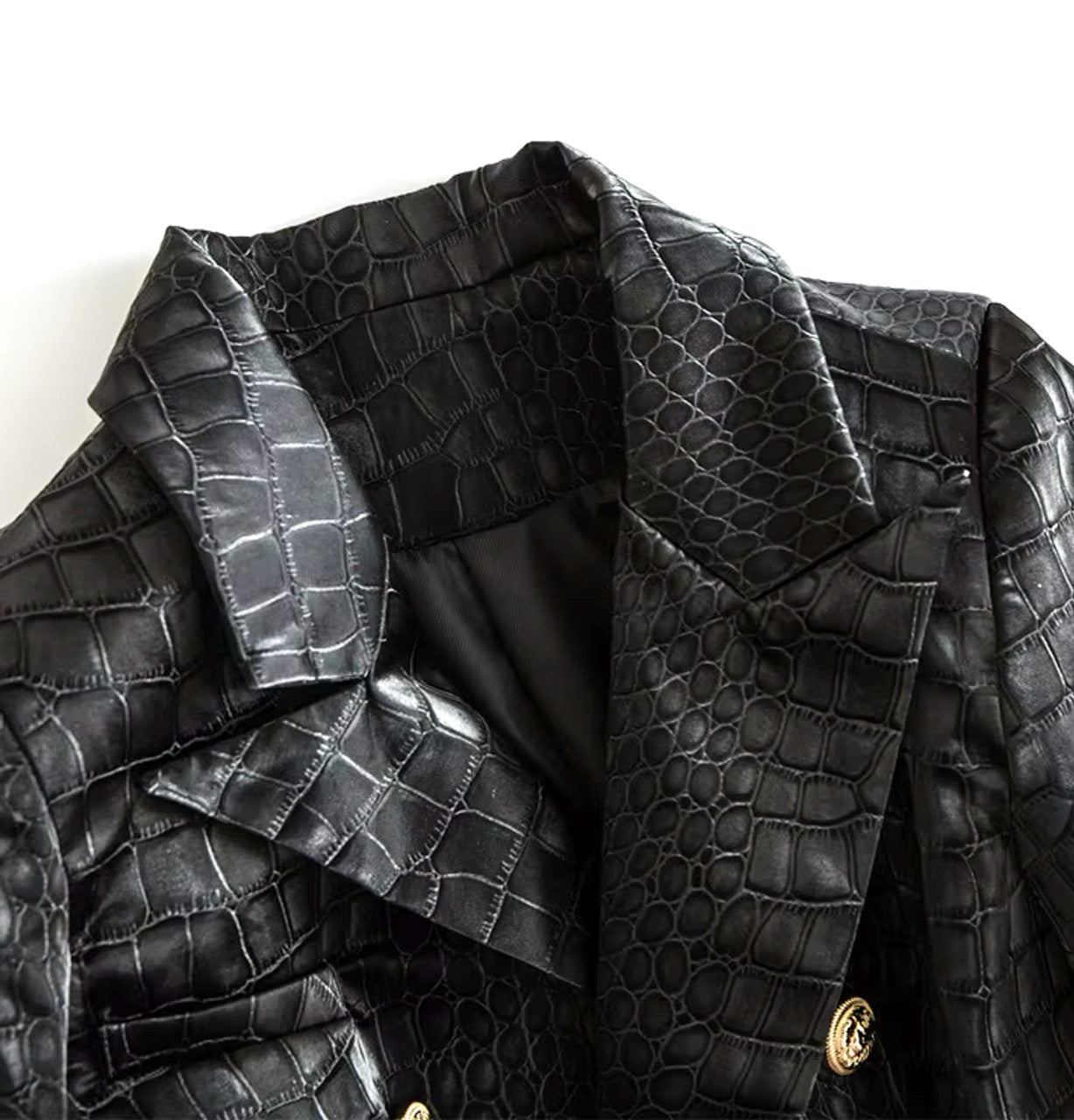 Long Sleeve Crocodile Faux Leather Jacket Black