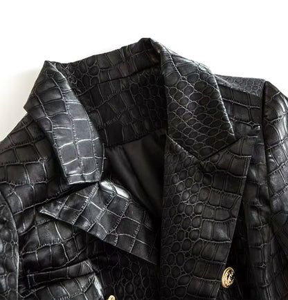 Long Sleeve Crocodile Faux Leather Jacket Black