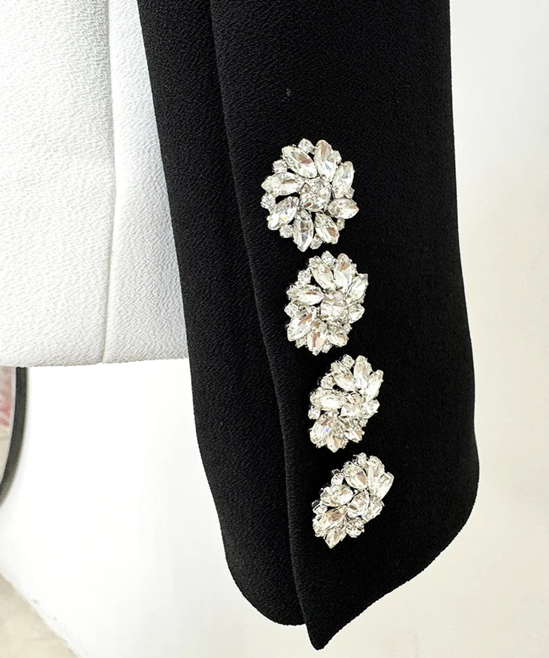 Long Sleeve Crystal Button Blazer Black White