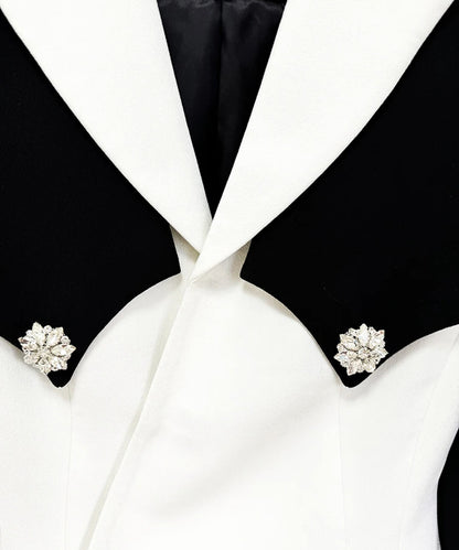 Long Sleeve Crystal Button Blazer Black White