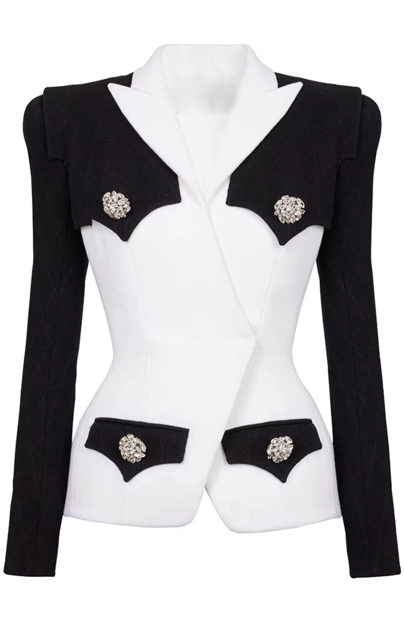 Long Sleeve Crystal Button Blazer Black White