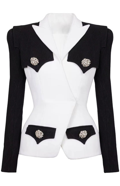 Long Sleeve Crystal Button Blazer Black White