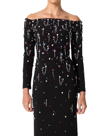 Long Sleeve Crystal Chain Maxi Dress Black