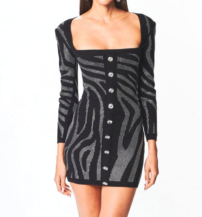 Long Sleeve Crystal Button Dress Black