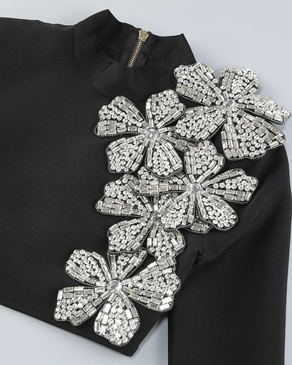 Long Sleeve Crystal Floral Two Piece Dress Black HV1695
