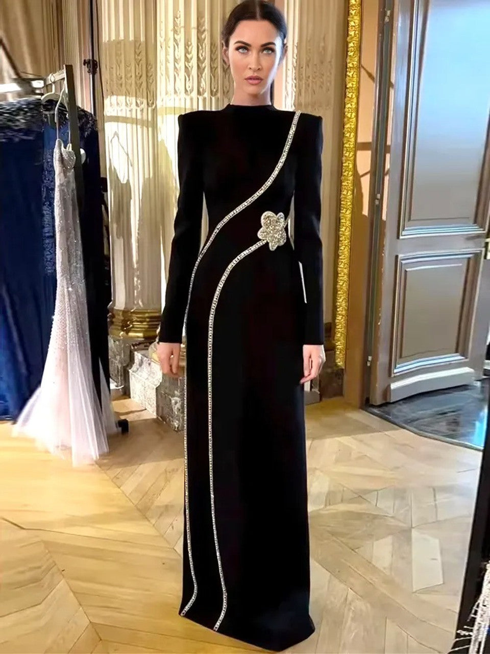 Long Sleeve Crystal Flower Maxi Dress Black