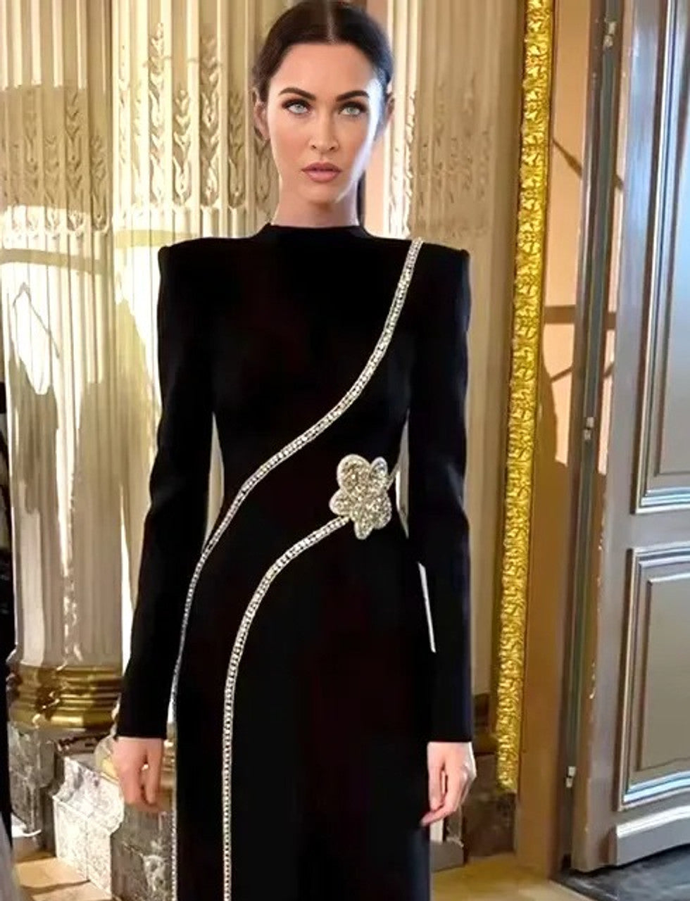 Long Sleeve Crystal Flower Maxi Dress Black