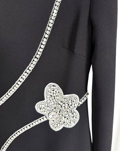 Long Sleeve Crystal Flower Maxi Dress Black