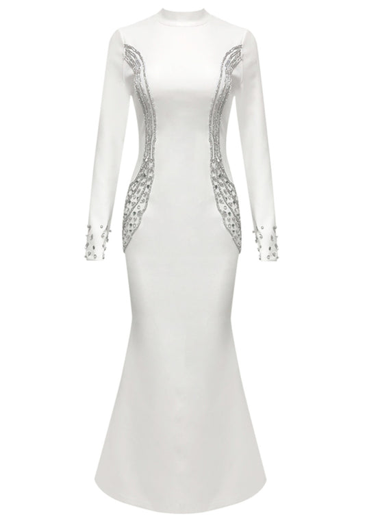 Long Sleeve Crystal Trim Maxi Dress White HV2582