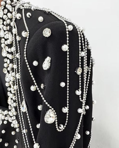 Cape Sleeve Crystal Pearl Maxi Dress Black
