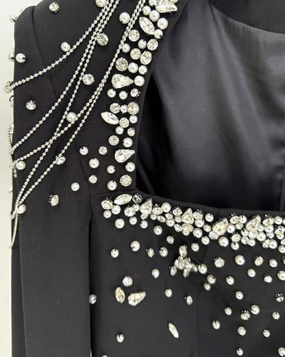 Cape Sleeve Crystal Pearl Maxi Dress Black