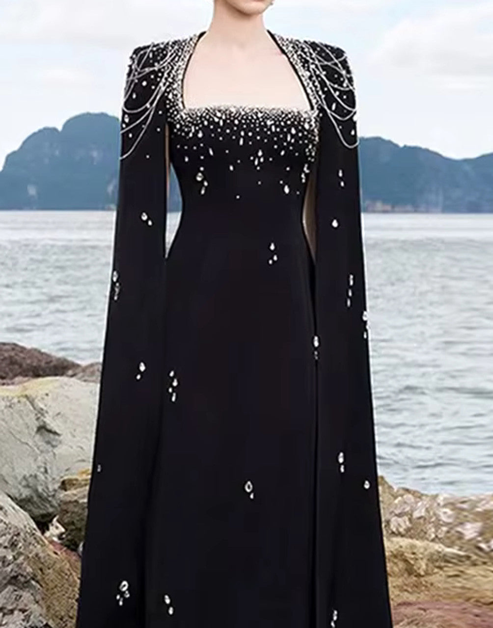 Cape Sleeve Crystal Pearl Maxi Dress Black